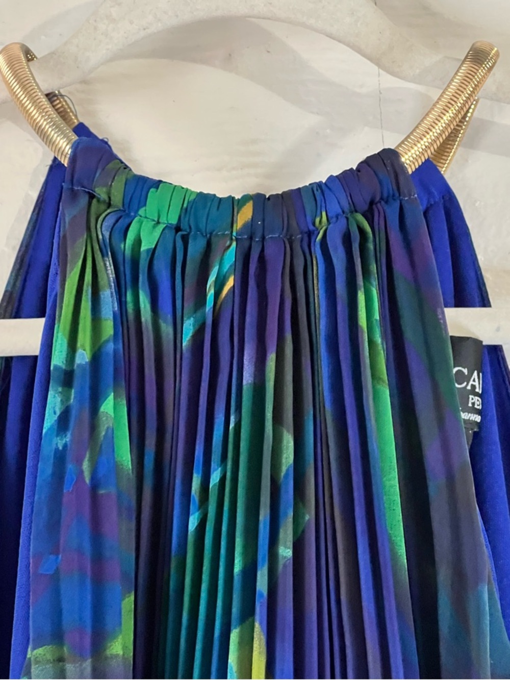 XSCAPE Pleated Blouson Halter Indigo Blue Dress w. Gold Snake Chain - Size 14P - Picture 7 of 14